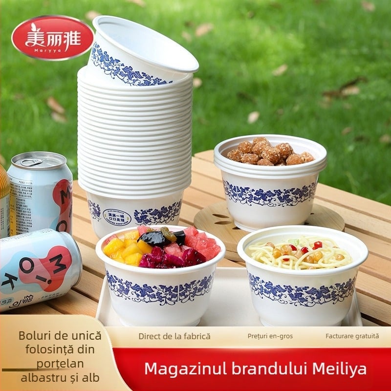 Meiya cutie de prânz de unică folosință, groasă, etanșă, rotundă, porțelan albastru‑alb, alimentară, pentru casă, picnic și takeout, pentru supă și terci