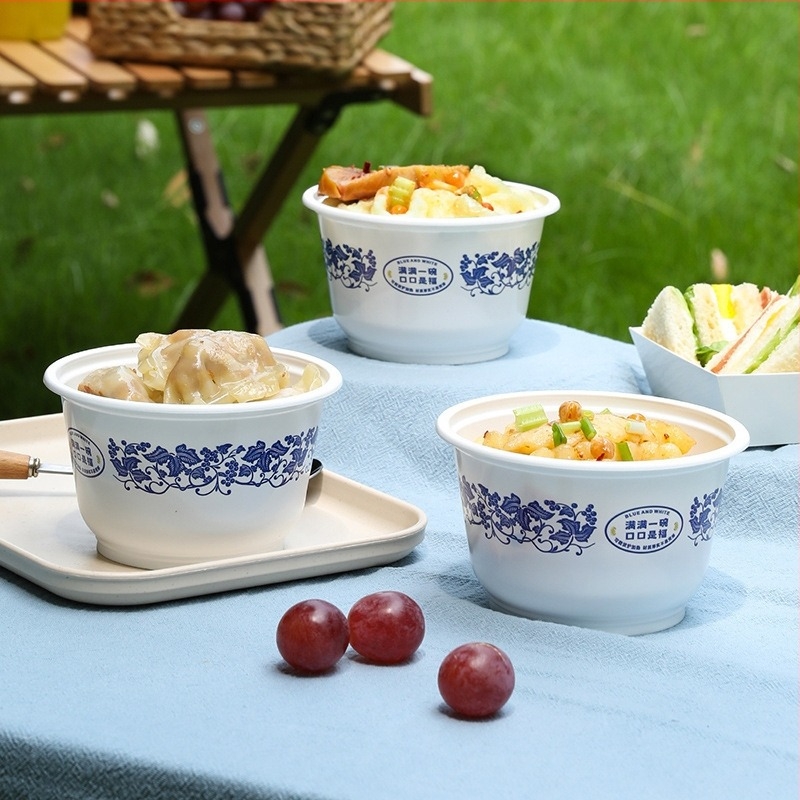 Meiya cutie de prânz de unică folosință, groasă, etanșă, rotundă, porțelan albastru‑alb, alimentară, pentru casă, picnic și takeout, pentru supă și terci
