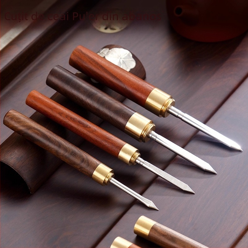Set de cinci piese pentru ceremonia ceaiului din lemn de abanos, accesorii Kung Fu pentru ceai: lingură de ceai, ac, clips, perie, furculiță pentru ceașcă