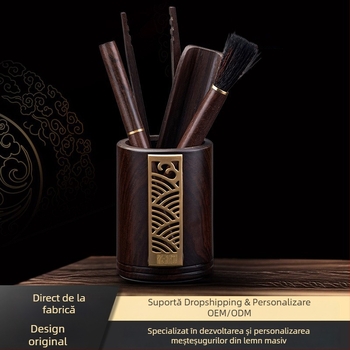 Set ceai din abanos cu suporturi din cupru pentru cești, cuțit Pu'er și clește pentru ceai, accesorii pentru ceremonia Kung Fu