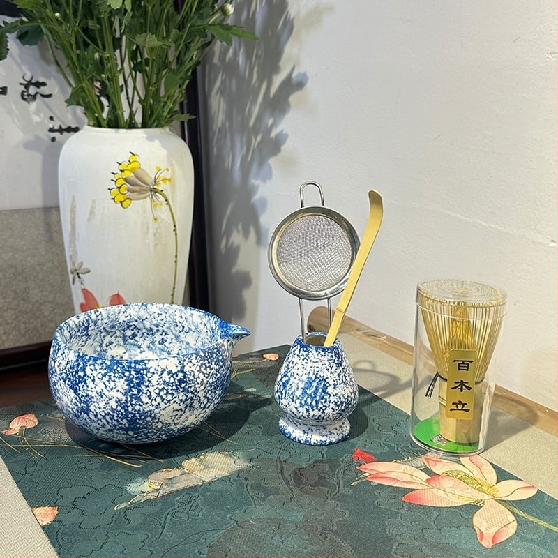 Vas de matcha în stil japonez, glazură cuptor, pictură manuală cu puncte, suport pentru tel de ceai, tel de ceai cu 100 dinți, unelte de ceai Song, linguriță de ceai, set de ustensile pentru matcha