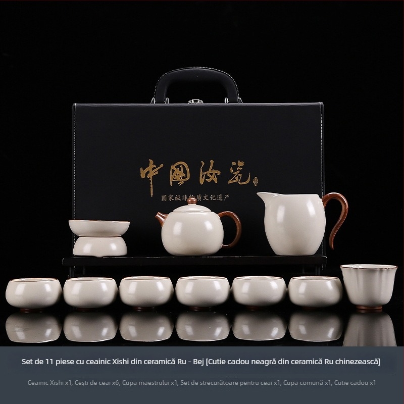 Set Gongfu de ceai din Ru Kiln Ge Ware, în cutie cadou premium, cu cești cu capac și posibilitatea personalizării siglei