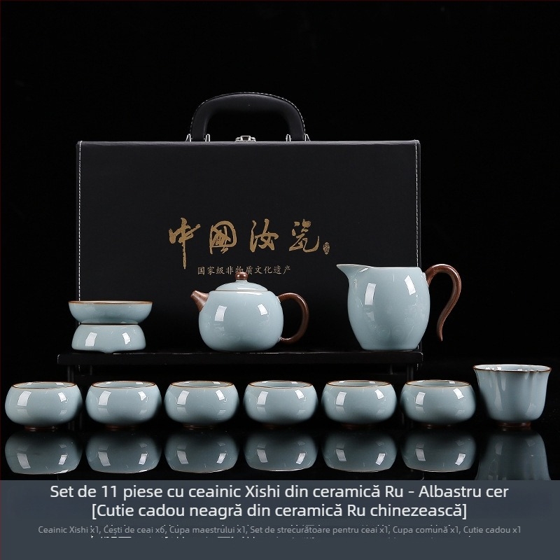 Set Gongfu de ceai din Ru Kiln Ge Ware, în cutie cadou premium, cu cești cu capac și posibilitatea personalizării siglei