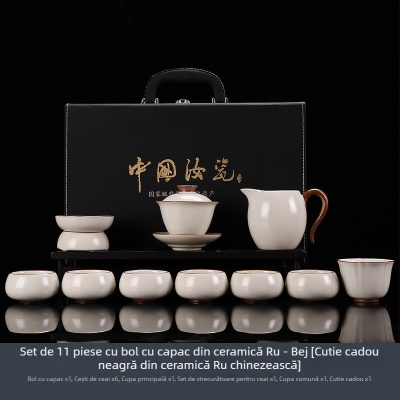 Set Gongfu de ceai din Ru Kiln Ge Ware, în cutie cadou premium, cu cești cu capac și posibilitatea personalizării siglei