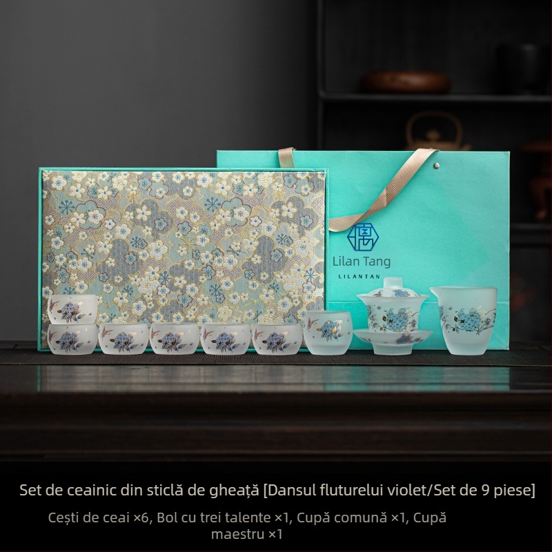 Set ceai din sticlă cu cristal de gheață pentru uz casnic – cești incluse, cutie cadou