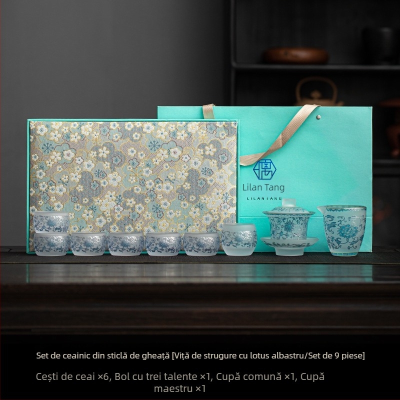 Set ceai din sticlă cu cristal de gheață pentru uz casnic – cești incluse, cutie cadou