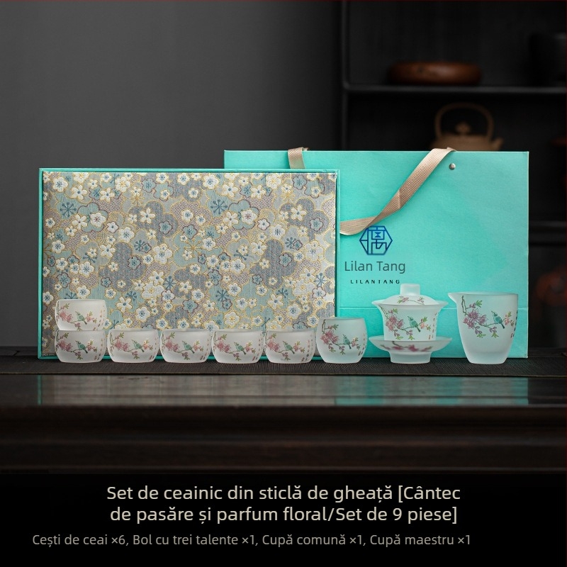Set ceai din sticlă cu cristal de gheață pentru uz casnic – cești incluse, cutie cadou
