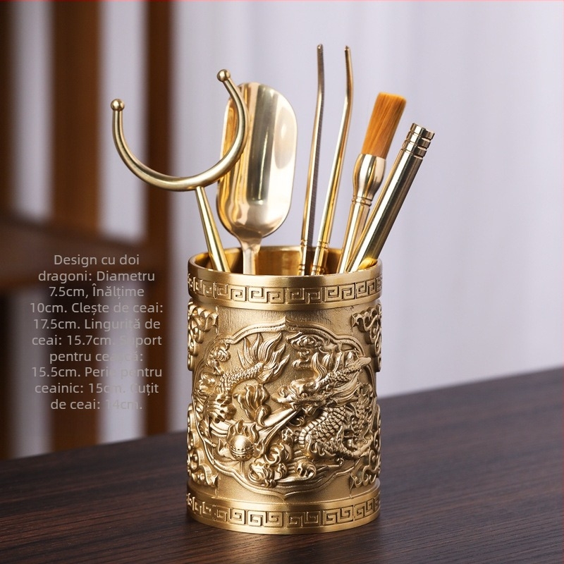 Set din alamă pentru ceremonia ceaiului cu șase domni — accesorii pentru ceai: suport pentru stilou, recipient pentru ceai, clips pentru ceai, cuțit pentru ceai, perie pentru ceai
