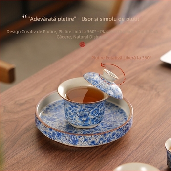 Ru Kiln bol de ceai cu capac, porțelan albastru-alb, set ceramic ceai de înaltă calitate pentru uz casnic