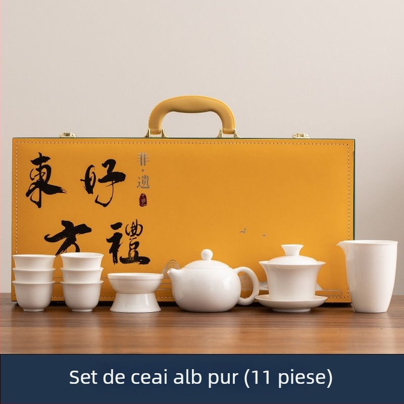 Set ceai din porțelan alb Dehua, ceainic și bol cu capac, pentru 6 persoane, cadou elegant