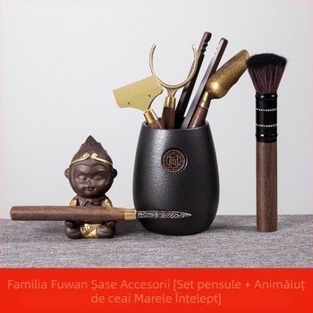 Accesorii pentru ceremonia ceaiului: set glazurat de șapte piese – recipient pentru ceai, linguriță, lingură de măsurat ceai, strecurător, cleme pentru ceai, ac pentru ceai, cuțit pentru ceai