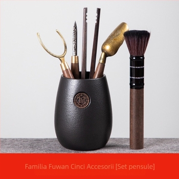 Accesorii pentru ceremonia ceaiului: set glazurat de șapte piese – recipient pentru ceai, linguriță, lingură de măsurat ceai, strecurător, cleme pentru ceai, ac pentru ceai, cuțit pentru ceai