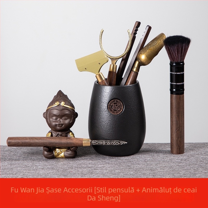 Accesorii pentru ceremonia ceaiului: set glazurat de șapte piese – recipient pentru ceai, linguriță, lingură de măsurat ceai, strecurător, cleme pentru ceai, ac pentru ceai, cuțit pentru ceai
