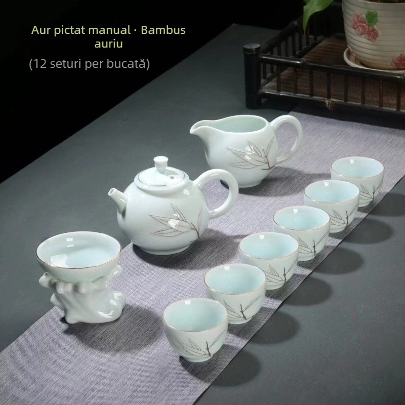Set de ceai din porțelan alb și celadon, pictat manual: ceainic, cești și bol cu capac, cadou ceramic complet