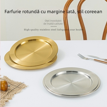 Platou rotund din oțel inoxidabil, margine lată, luciu oglindă; potrivit pentru grătar, gustări, hot pot și servire de steak; platou superficial