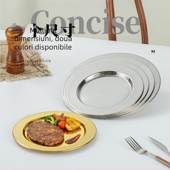 Platou rotund din oțel inoxidabil, margine lată, luciu oglindă; potrivit pentru grătar, gustări, hot pot și servire de steak; platou superficial