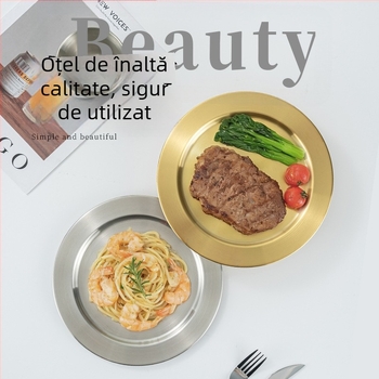 Platou rotund din oțel inoxidabil, margine lată, luciu oglindă; potrivit pentru grătar, gustări, hot pot și servire de steak; platou superficial