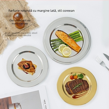 Platou rotund din oțel inoxidabil, margine lată, luciu oglindă; potrivit pentru grătar, gustări, hot pot și servire de steak; platou superficial