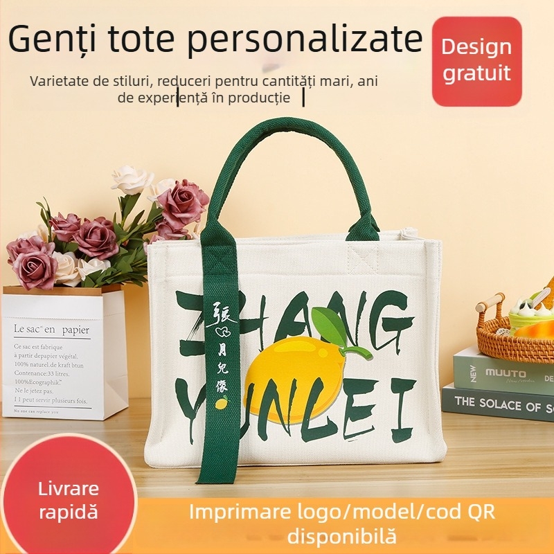 Geantă tote personalizată din canvas lucios, cu mâner și panglică