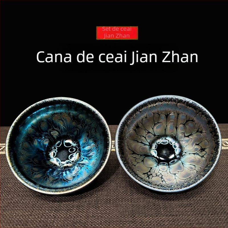 Bol pentru ceai lucrat manual, cu model de pene albastre și glazură ulei, mare Jian Ware