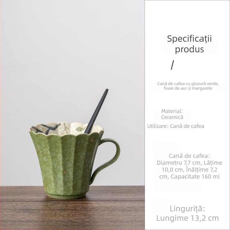 Ceașcă de cafea din porțelan, glazură verde cu accente aurii și motive cu margaretă, în stil chinezesc, pentru uz casnic și la birou