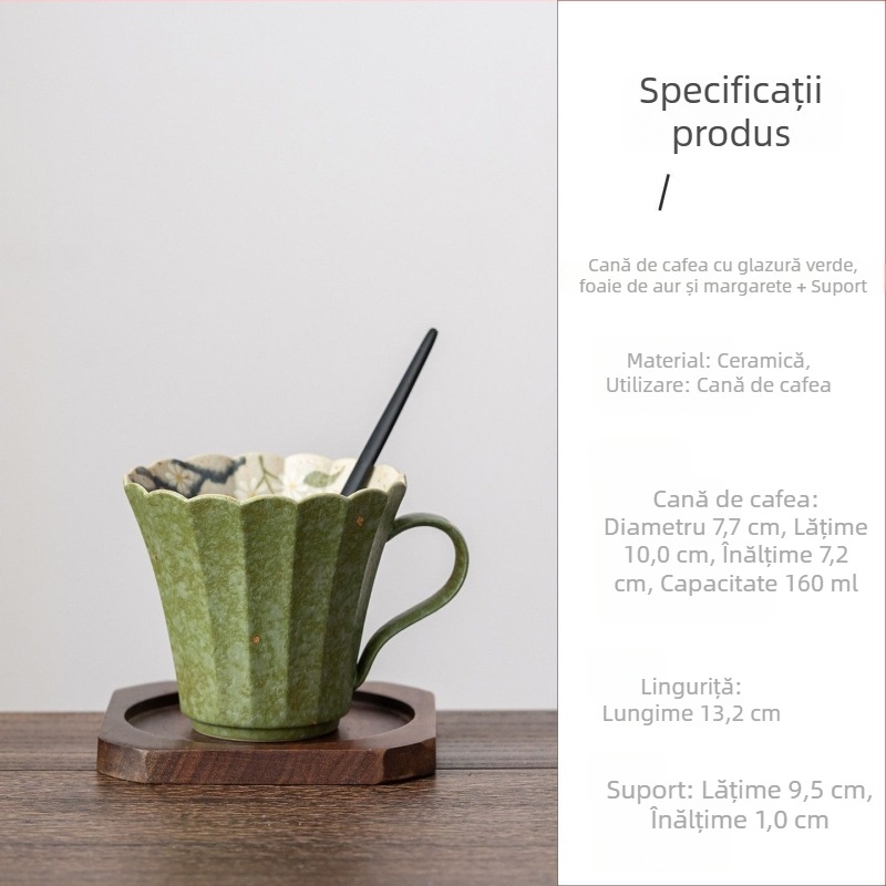 Ceașcă de cafea din porțelan, glazură verde cu accente aurii și motive cu margaretă, în stil chinezesc, pentru uz casnic și la birou