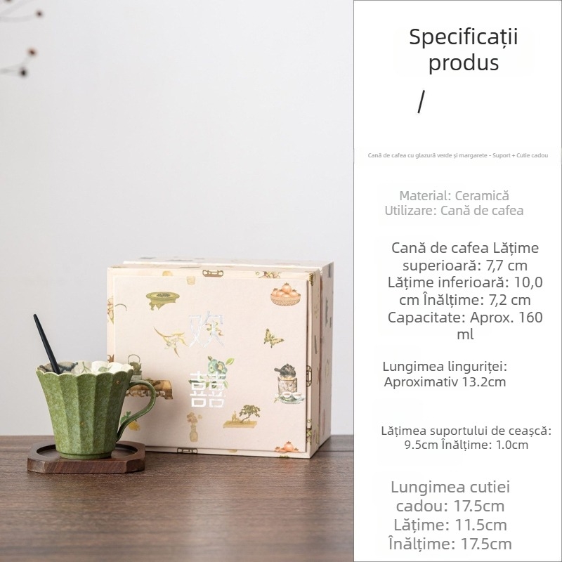 Ceașcă de cafea din porțelan, glazură verde cu accente aurii și motive cu margaretă, în stil chinezesc, pentru uz casnic și la birou