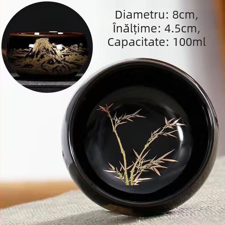 ceașcă de ceai ceramică lucrată manual, cu motiv peisaj: prune, orhidee, bambus și crizantemă; glazură neagră, ceașcă de meditație