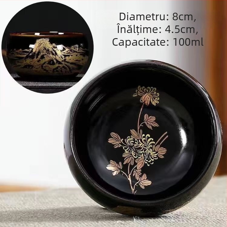 ceașcă de ceai ceramică lucrată manual, cu motiv peisaj: prune, orhidee, bambus și crizantemă; glazură neagră, ceașcă de meditație