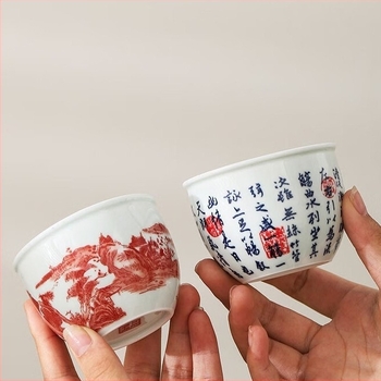 Ceașcă de ceai din porțelan albastru-alb, pictură manuală, stil chinezesc Gongfu, inspirație Lantingji Xu