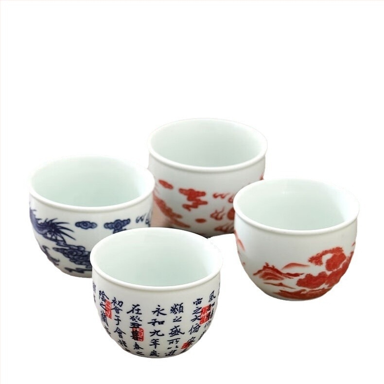 Ceașcă de ceai din porțelan albastru-alb, pictură manuală, stil chinezesc Gongfu, inspirație Lantingji Xu