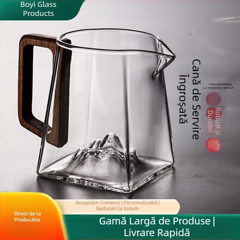 Recipient transparent din sticlă borosilicat de înaltă rezistență, cu mâner lateral din lemn, separator pentru ceai, capacitate mare, set Kung Fu de ceai