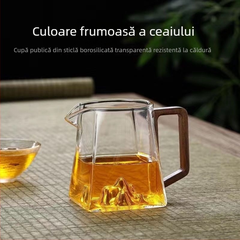Recipient transparent din sticlă borosilicat de înaltă rezistență, cu mâner lateral din lemn, separator pentru ceai, capacitate mare, set Kung Fu de ceai