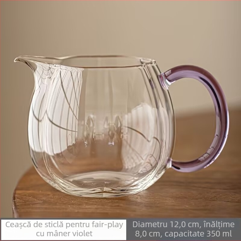 Cană de ceai din sticlă borosilicat de înaltă rezistență la căldură, cu mâner colorat, realizare manuală, transparență ridicată, rezistentă până la 270 °C
