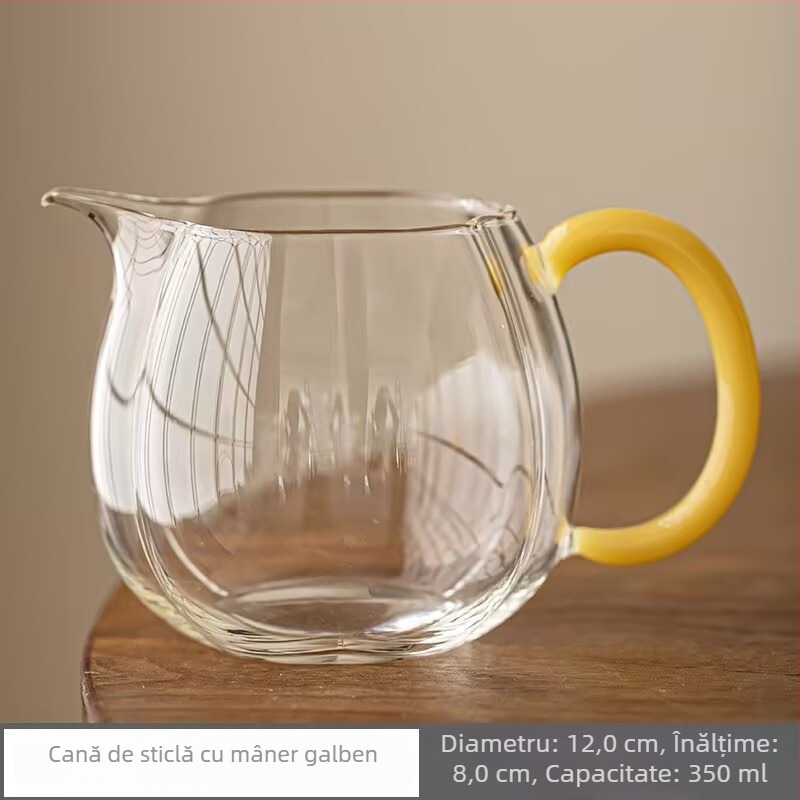 Cană de ceai din sticlă borosilicat de înaltă rezistență la căldură, cu mâner colorat, realizare manuală, transparență ridicată, rezistentă până la 270 °C