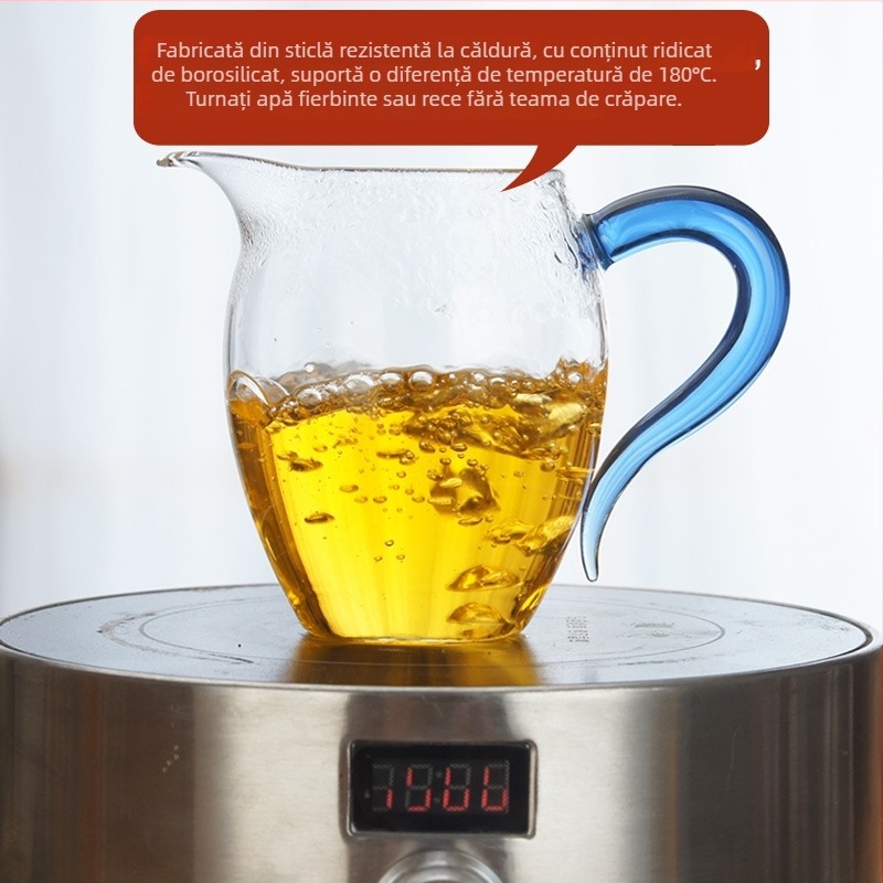 Set de ceai din sticlă rezistentă la temperatură, cu mâner colorat, filtru și ceașcă de servire pentru prepararea ceaiului acasă.