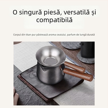 Set de ceai din titan pur, cu ceașcă din titan, filtru de ceai și mâner lateral din lemn, pentru drumeții în aer liber