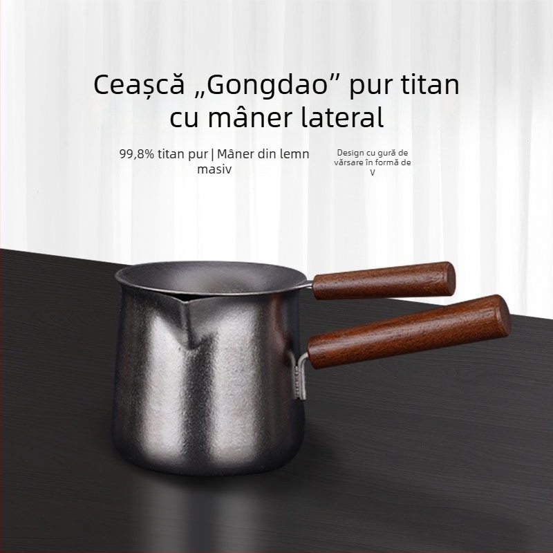 Set de ceai din titan pur, cu ceașcă din titan, filtru de ceai și mâner lateral din lemn, pentru drumeții în aer liber