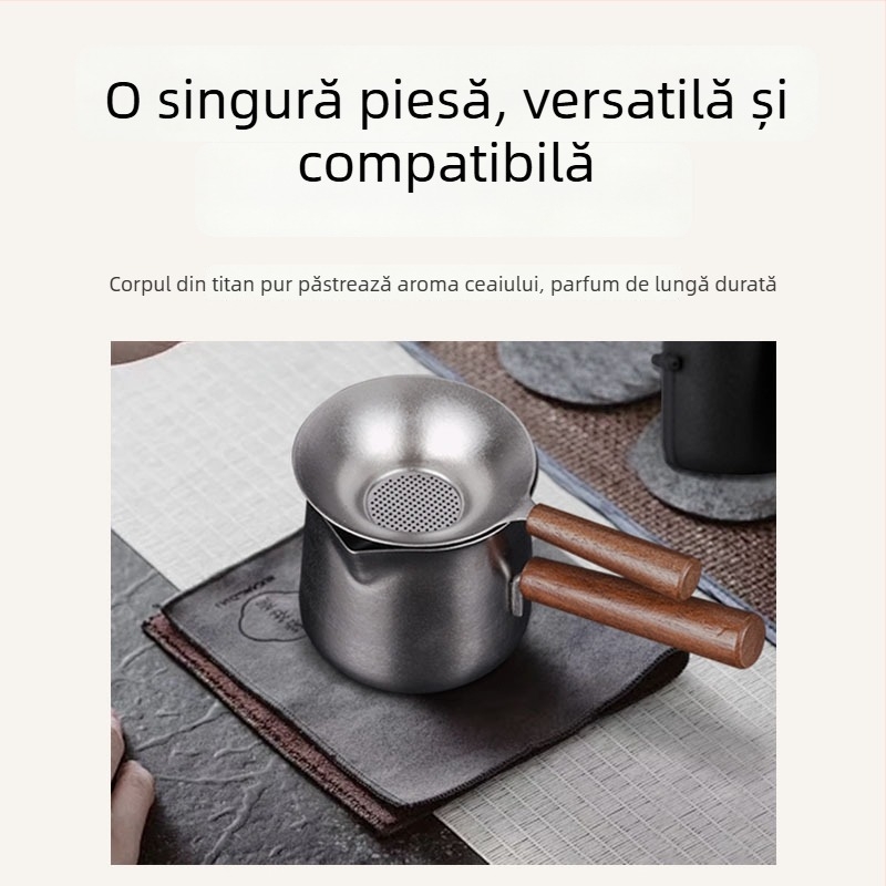 Set de ceai din titan pur, cu ceașcă din titan, filtru de ceai și mâner lateral din lemn, pentru drumeții în aer liber