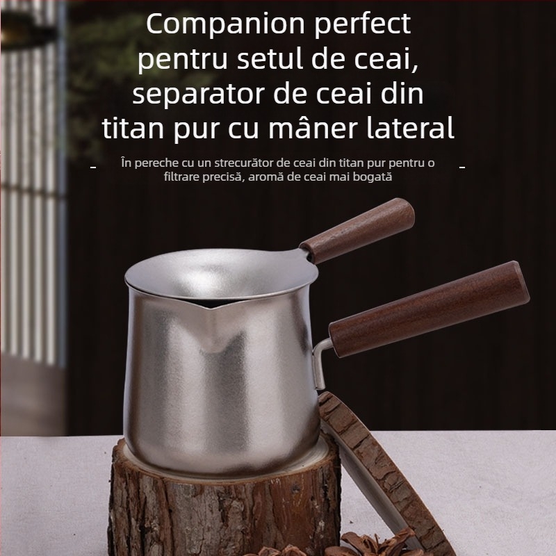 Set de ceai din titan pur, cu ceașcă din titan, filtru de ceai și mâner lateral din lemn, pentru drumeții în aer liber