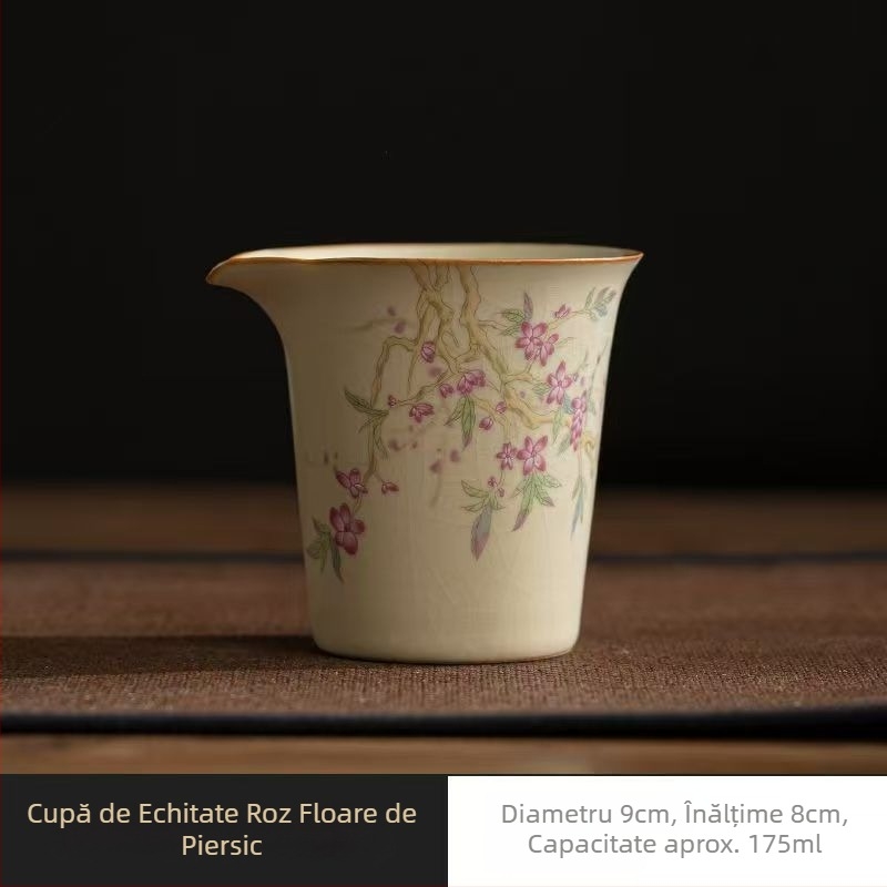Set Gongfu de ceai bej din Ru kiln — serviciu ceramic cu ceșcuță de echilibru, tavă de ceai și separator de ceai pentru uz casnic