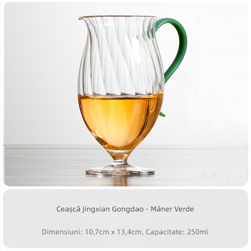 Gongdao ceai din sticlă borosilikată rezistentă la căldură, dotat cu infuzor în formă de floare și mâner colorat în formă de cioc de vultur