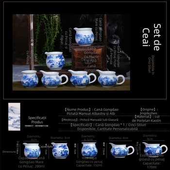 Ceșcă porțelan albastru-alb, pictată manual, Jingdezhen, cu peisaj, pentru set de ceai Kung Fu