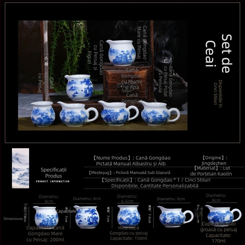 Ceșcă porțelan albastru-alb, pictată manual, Jingdezhen, cu peisaj, pentru set de ceai Kung Fu