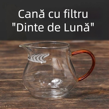 Set ceai din sticlă rezistentă la căldură, în formă de semi lună, cu ceașcă mare și filtru încorporat