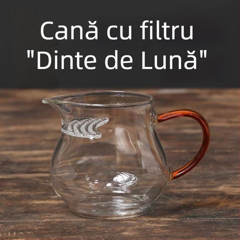 Set ceai din sticlă rezistentă la căldură, în formă de semi lună, cu ceașcă mare și filtru încorporat