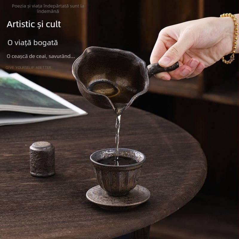 Ceașcă japoneză cu glazură de fier, tavă de ceai vintage cu broderie din fier, dispozitiv de filtrare și distribuire a ceaiului, realizat manual, mare