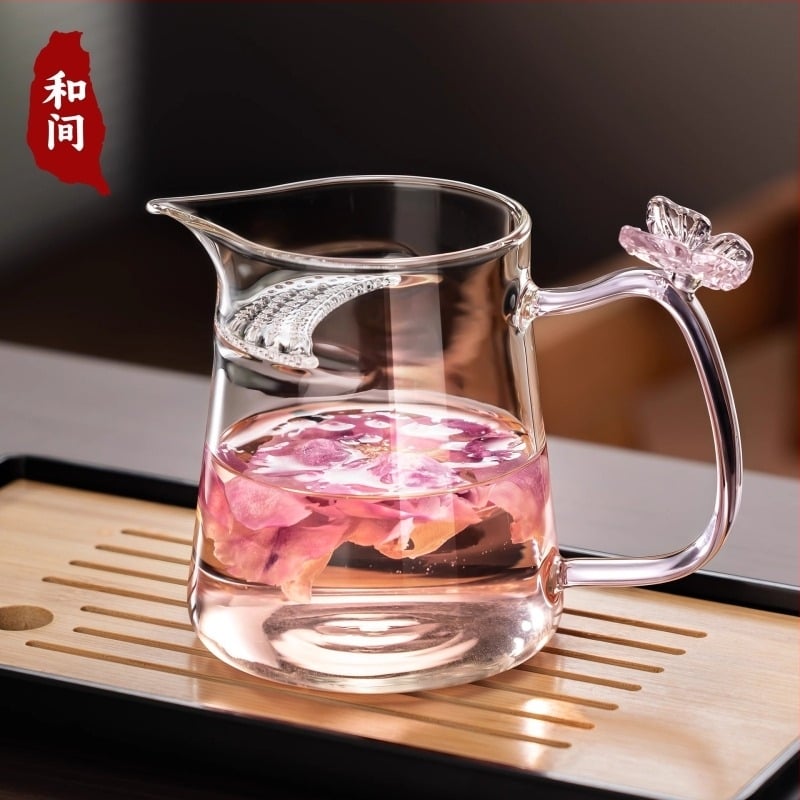 Cana de ceai din sticlă borosilicată înaltă, cu design de fluture, filtru integrat și separator de ceai pentru ceaiuri de flori și ceai verde
