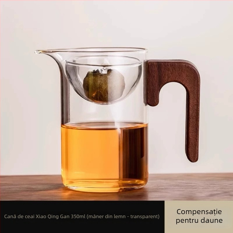 Carafă de ceai din sticlă borosilicată, cu mâner lateral din lemn de piersic și filtru integrat pentru prepararea ceaiului acasă