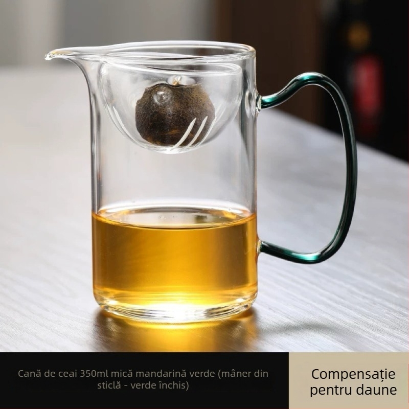 Carafă de ceai din sticlă borosilicată, cu mâner lateral din lemn de piersic și filtru integrat pentru prepararea ceaiului acasă